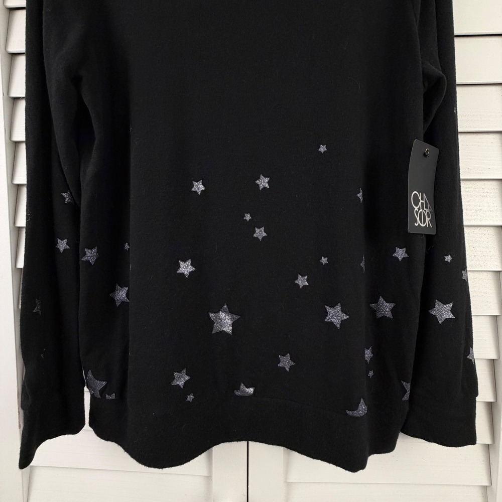 Chaser Sweatshirt XL Black Silver Glitter Star Print Long Sleeve Knit NEW - Picture 3 of 16